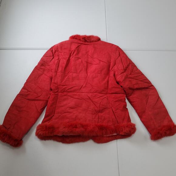 Bisou Bisou Jacket Womens Medium Red Genuine Leather Faux Fur Trim Coat Y2K - Picture 3 of 10